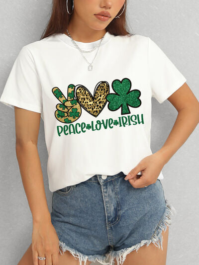 PEACE LOVE IRISH Round Neck Short Sleeve T-Shirt St Patrick Day Shirt St Patty