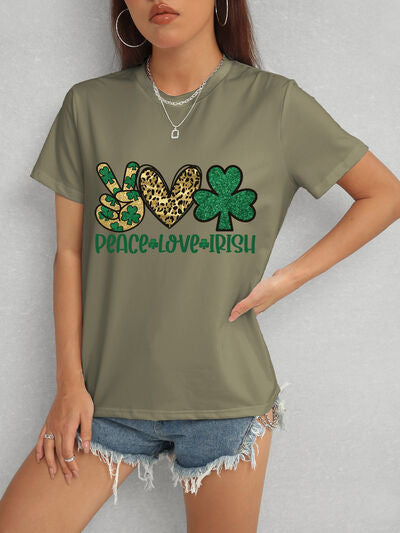 PEACE LOVE IRISH Round Neck Short Sleeve T-Shirt St Patrick Day Shirt St Patty