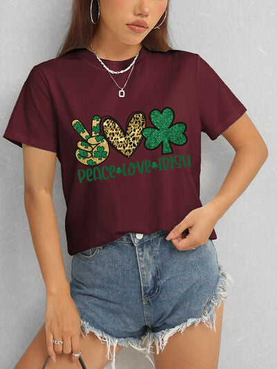 PEACE LOVE IRISH Round Neck Short Sleeve T-Shirt St Patrick Day Shirt St Patty