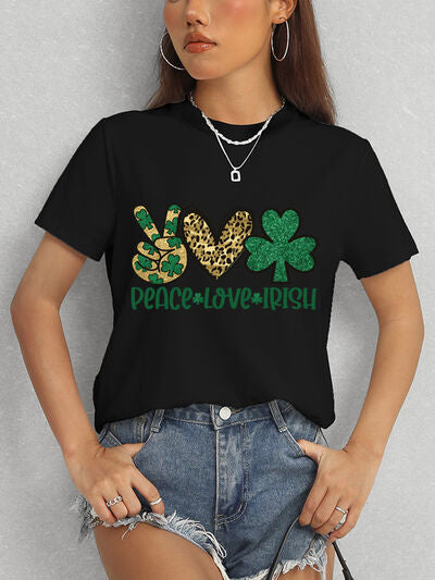 PEACE LOVE IRISH Round Neck Short Sleeve T-Shirt St Patrick Day Shirt St Patty