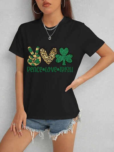 PEACE LOVE IRISH Round Neck Short Sleeve T-Shirt St Patrick Day Shirt St Patty