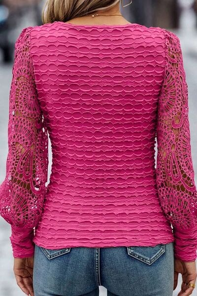 Openwork Scoop Neck Long Sleeve Blouse