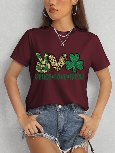 PEACE LOVE IRISH Round Neck Short Sleeve T-Shirt St Patrick Day Shirt St Patty