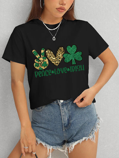 PEACE LOVE IRISH Round Neck Short Sleeve T-Shirt St Patrick Day Shirt St Patty