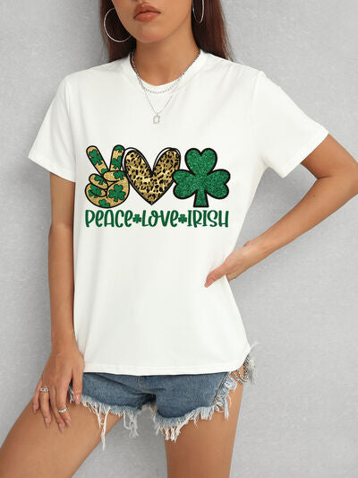 PEACE LOVE IRISH Round Neck Short Sleeve T-Shirt St Patrick Day Shirt St Patty